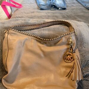 Michael Kors Taupe Leather Shoulder Hobo Bag with Tassel Charm